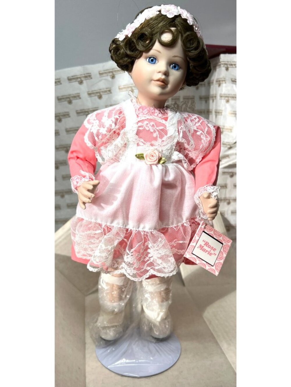 Ashton-Drake Galleries "Rose Marie" Porcelain Doll In Pink Dress & Lace Apron Wi